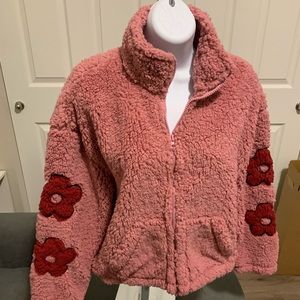 Brand New PacSun Cropped Flower Sleeve Sherpa Full Zip